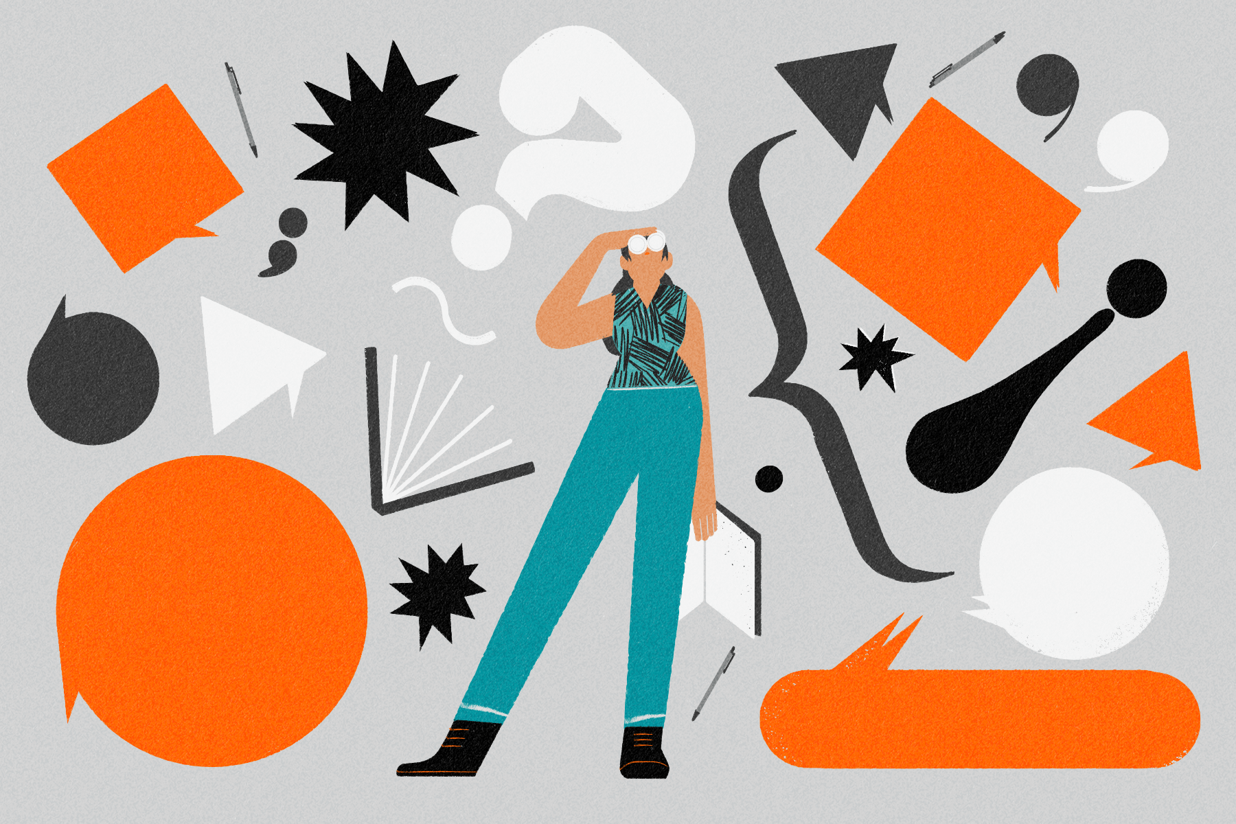 Illustration of a writer in the middle of question marks and speech bubbles