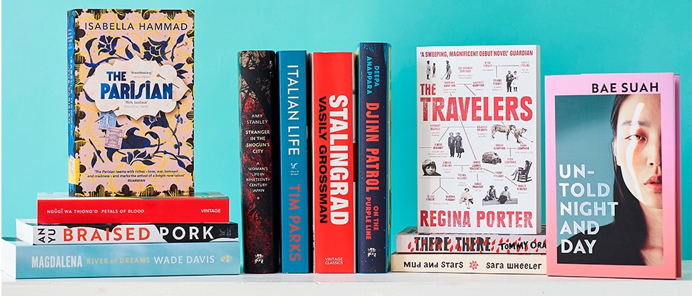 A selection of titles on a blue background 