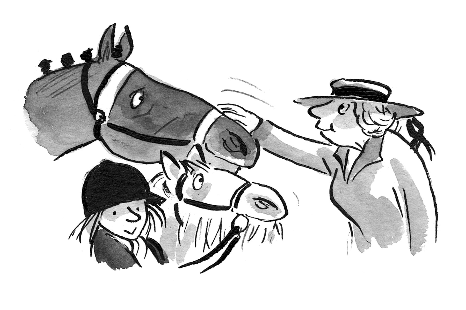 An illustration from The Racehorse Who Wouldn't Gallop showing two horses being stroked by an older lady