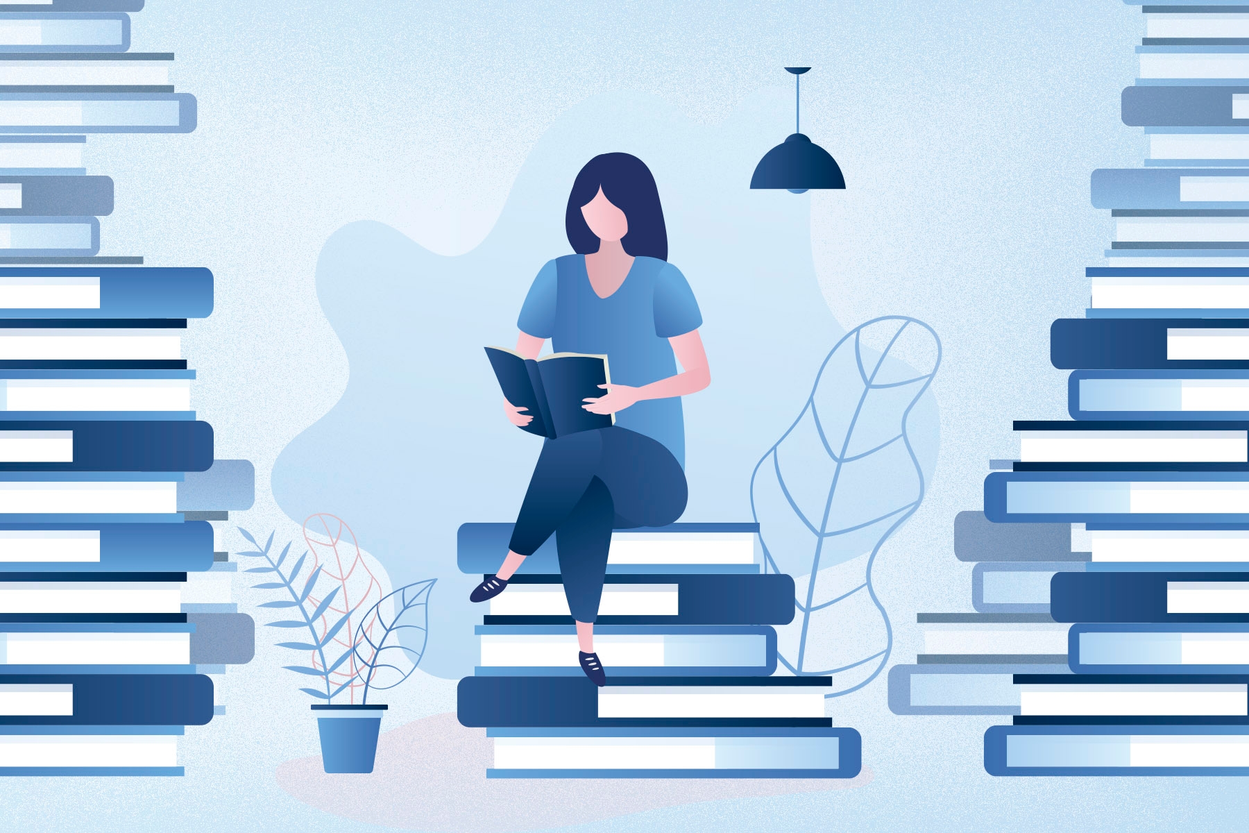 An illustration of a woman sitting on a pile of books reading, surrounded by books
