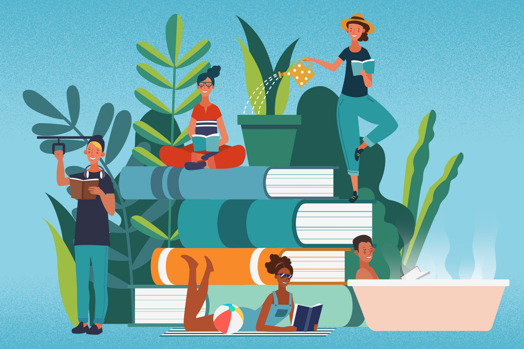 An illustration of people reading books in different ways, while perched around a large pile of books
