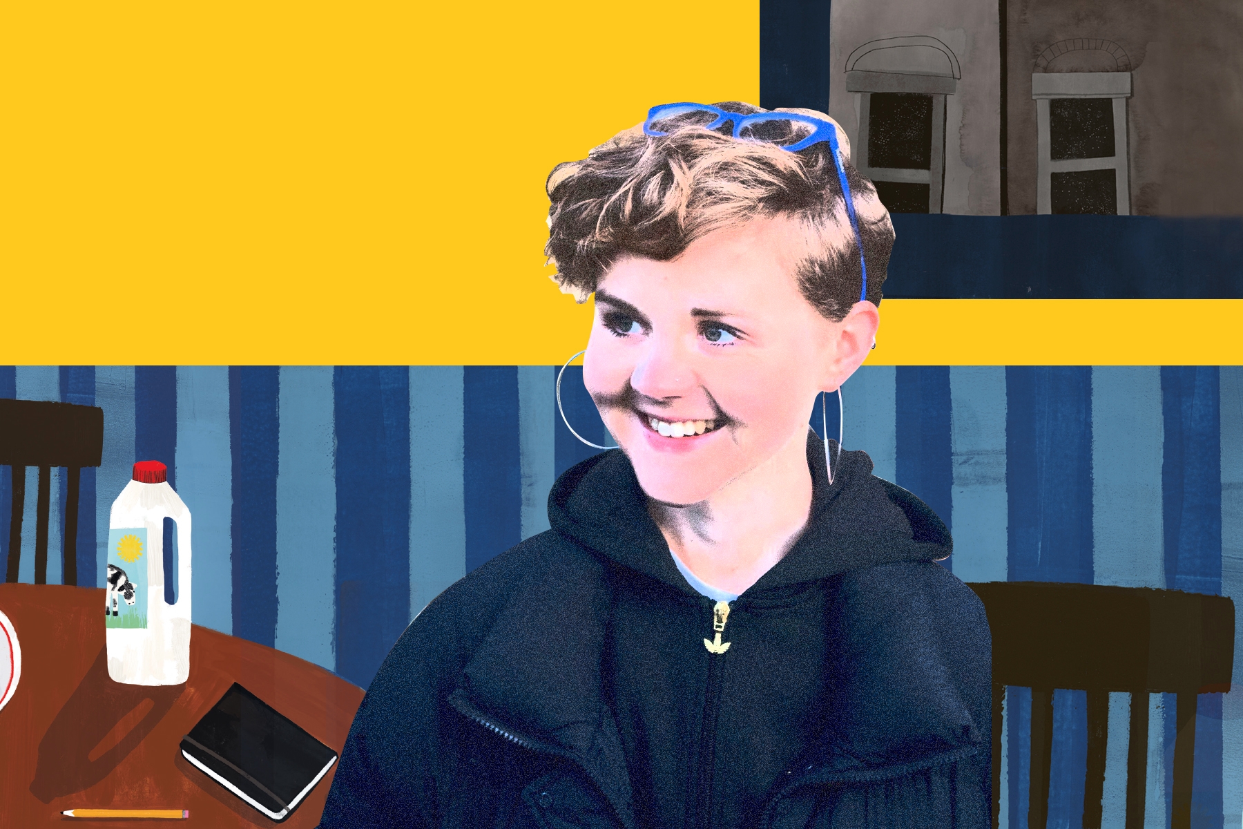 Stylised headshot of Anna Glendenning superimposed into the collage-style jacket of An Experiment in Leisure