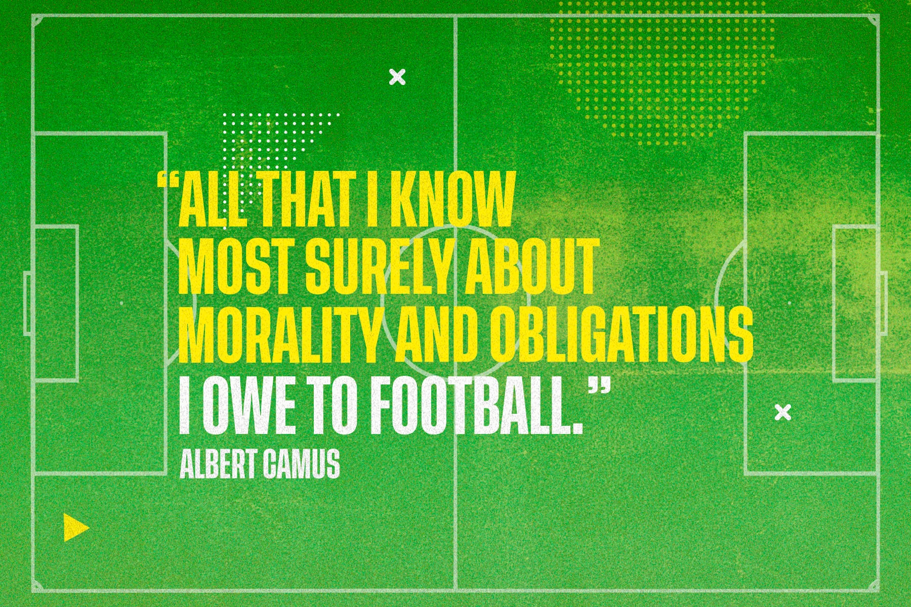 A quote from Albert Camus reading "All that I know most surely about morality and obligations I owe to football", in yellow and white letters against a green football pitch background.