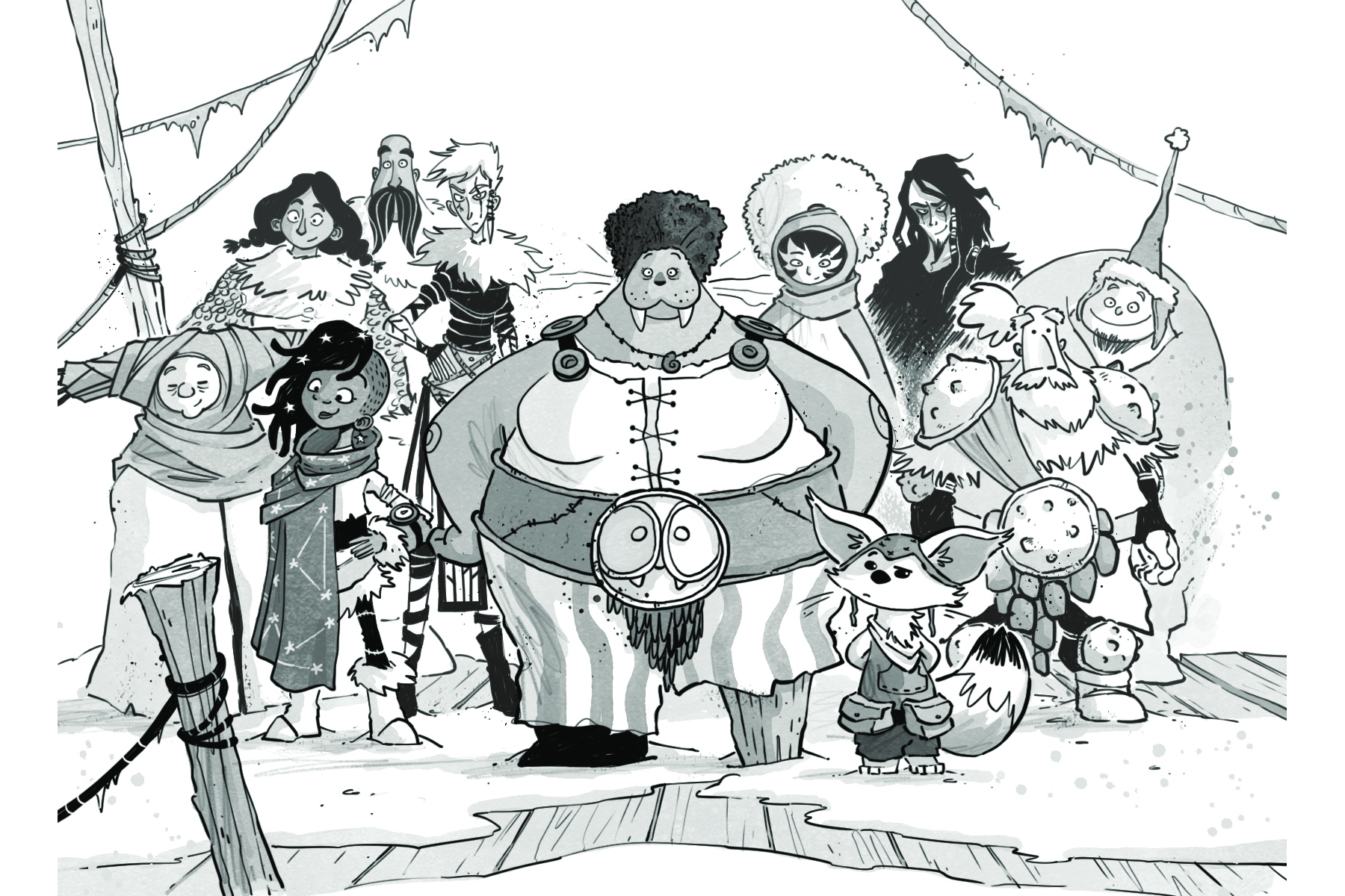An ink drawing of all the characters in the Frostheart book