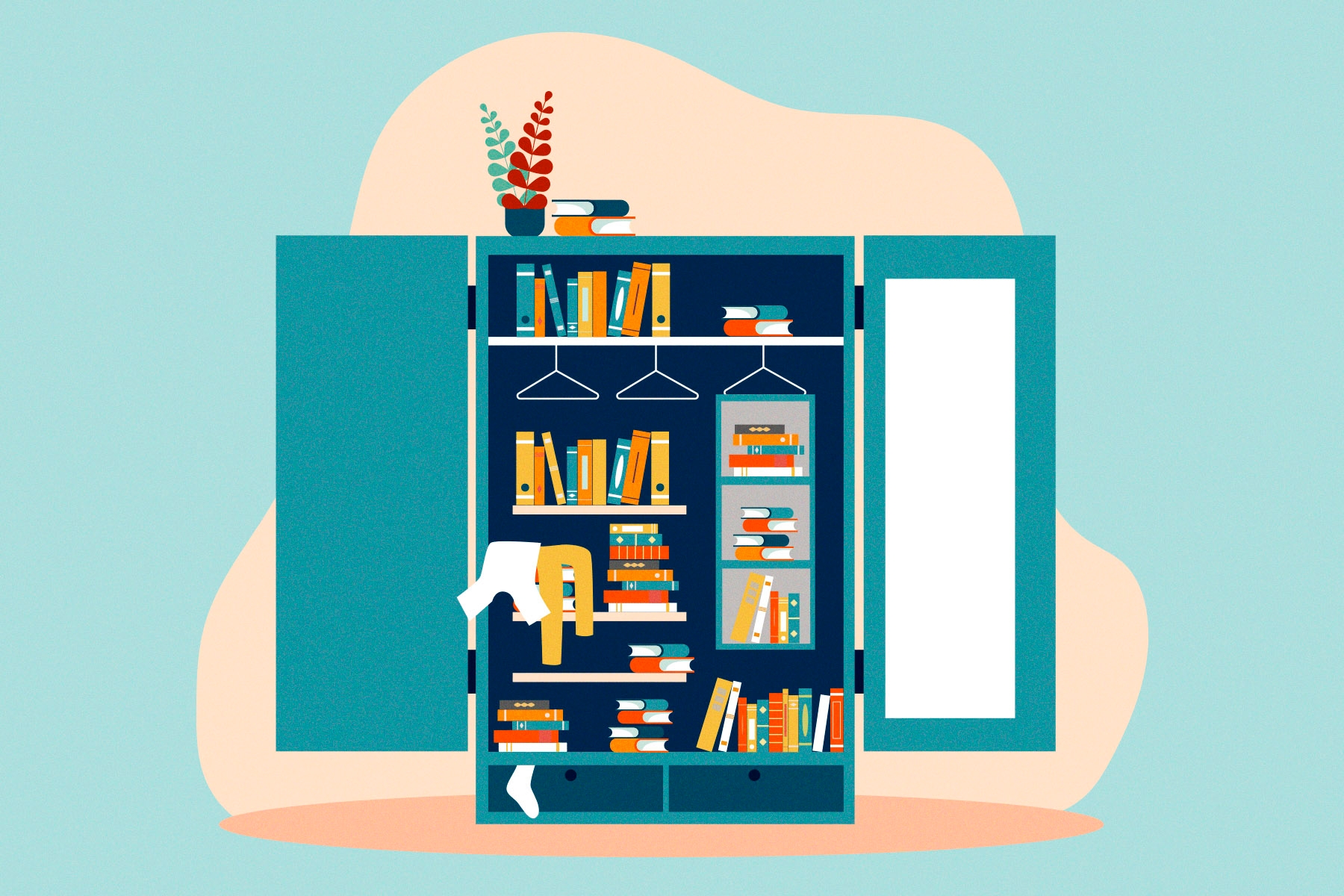 Illustration of wardrobe packed full of books
