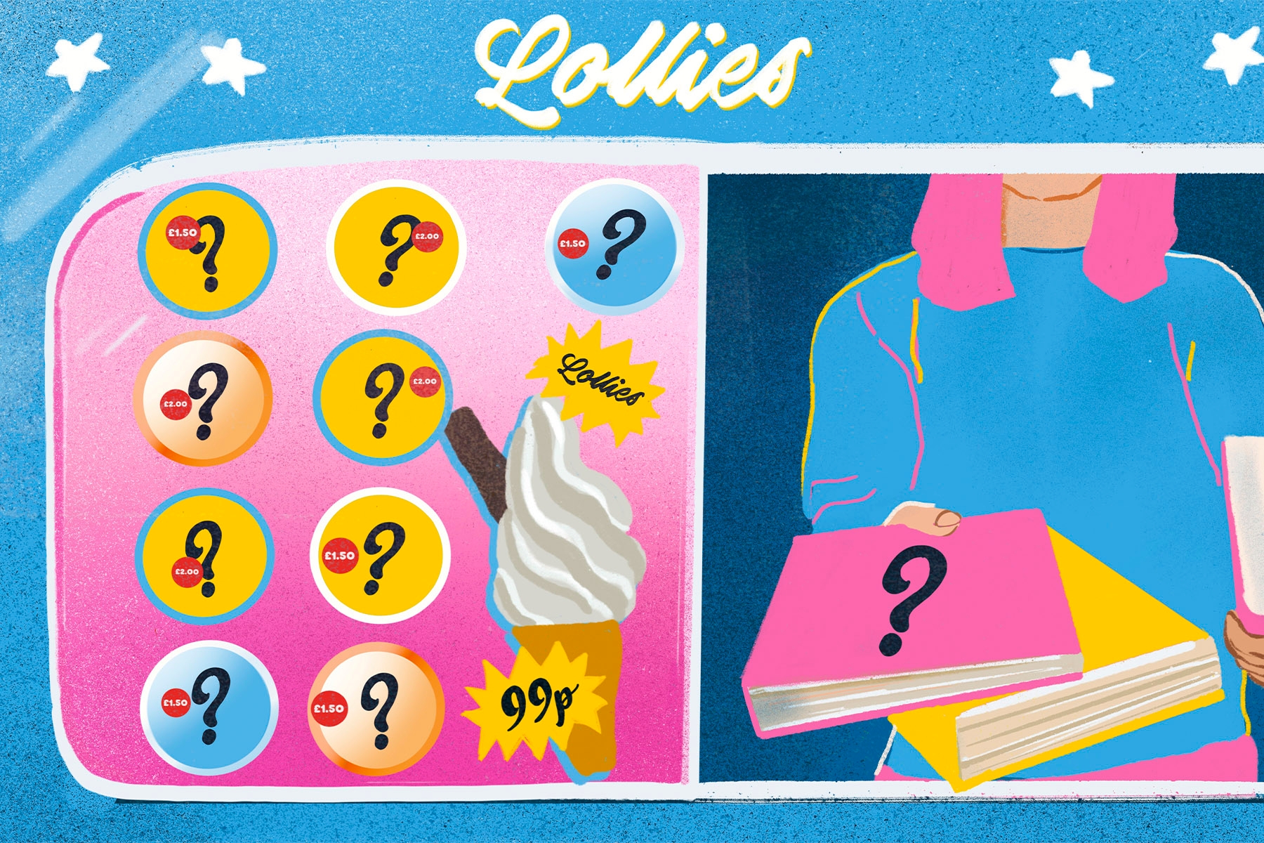An illustration of an ice cream van in shades of blue, pink and yellow, from which books with question marks on them are being given out
