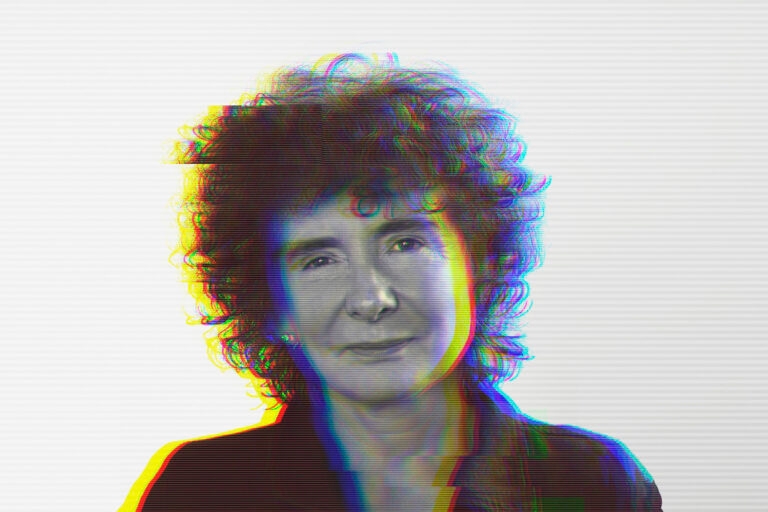 A black-and-white photograph of Jeanette Winterson's head and shoulders