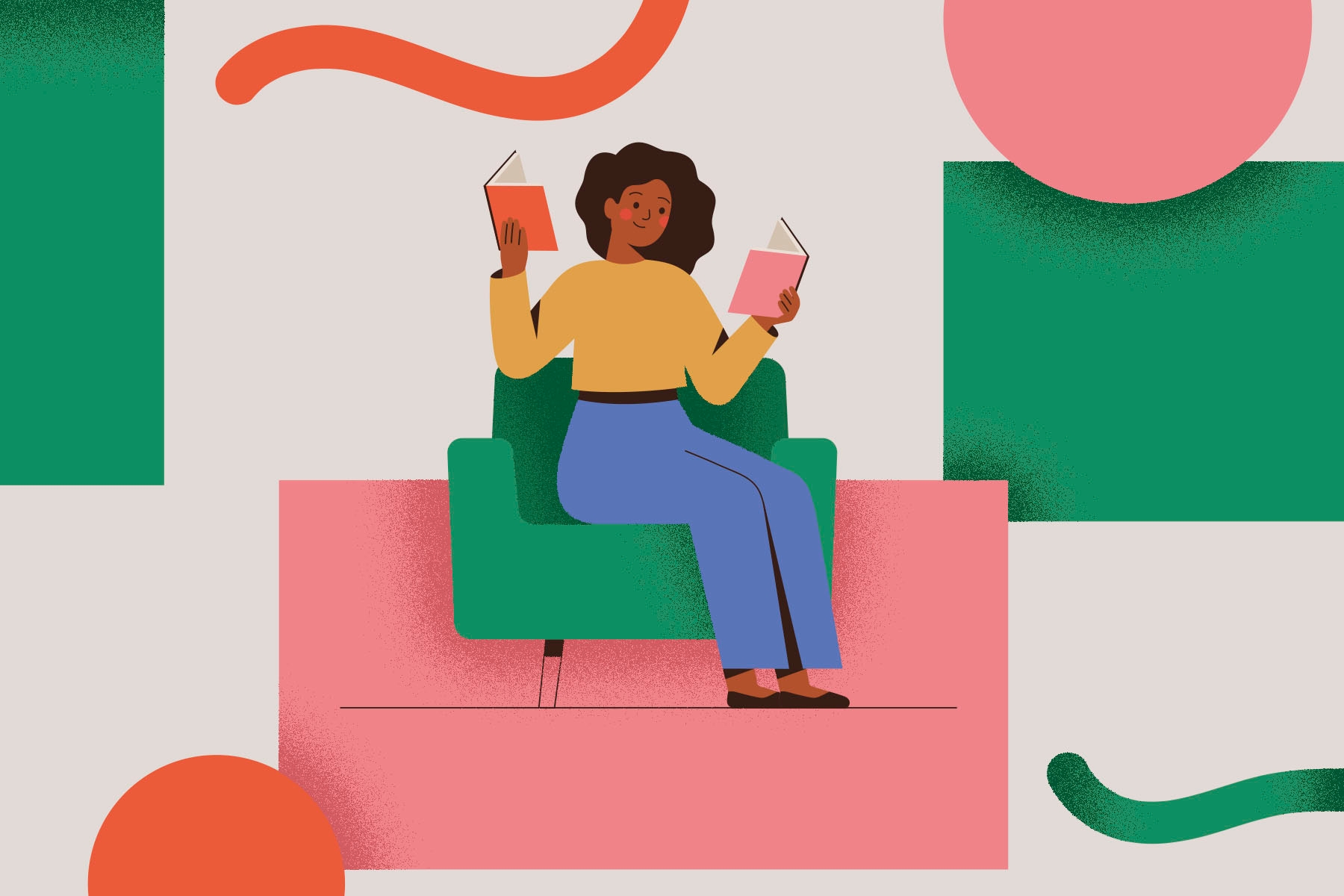 an illustration of a woman reading two books at once, sitting on a green armchair