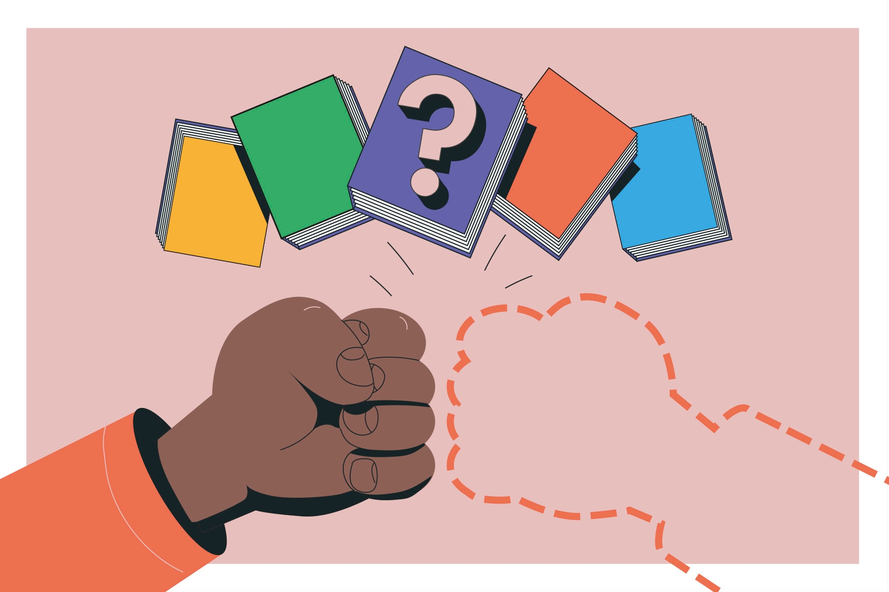 An illustration of two arms fist-bumping under a purple book with a question mark on it, but one of the arms is just a silhouette with a dotted line