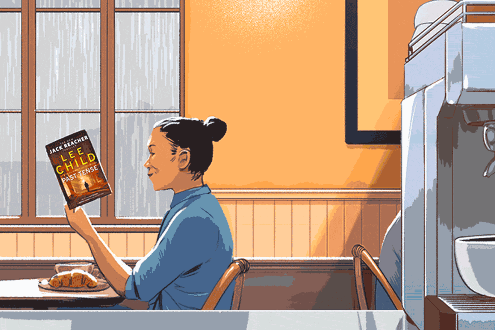 A woman in a coffee shop reading a book with someone serving a coffee with a Penguin logo on top