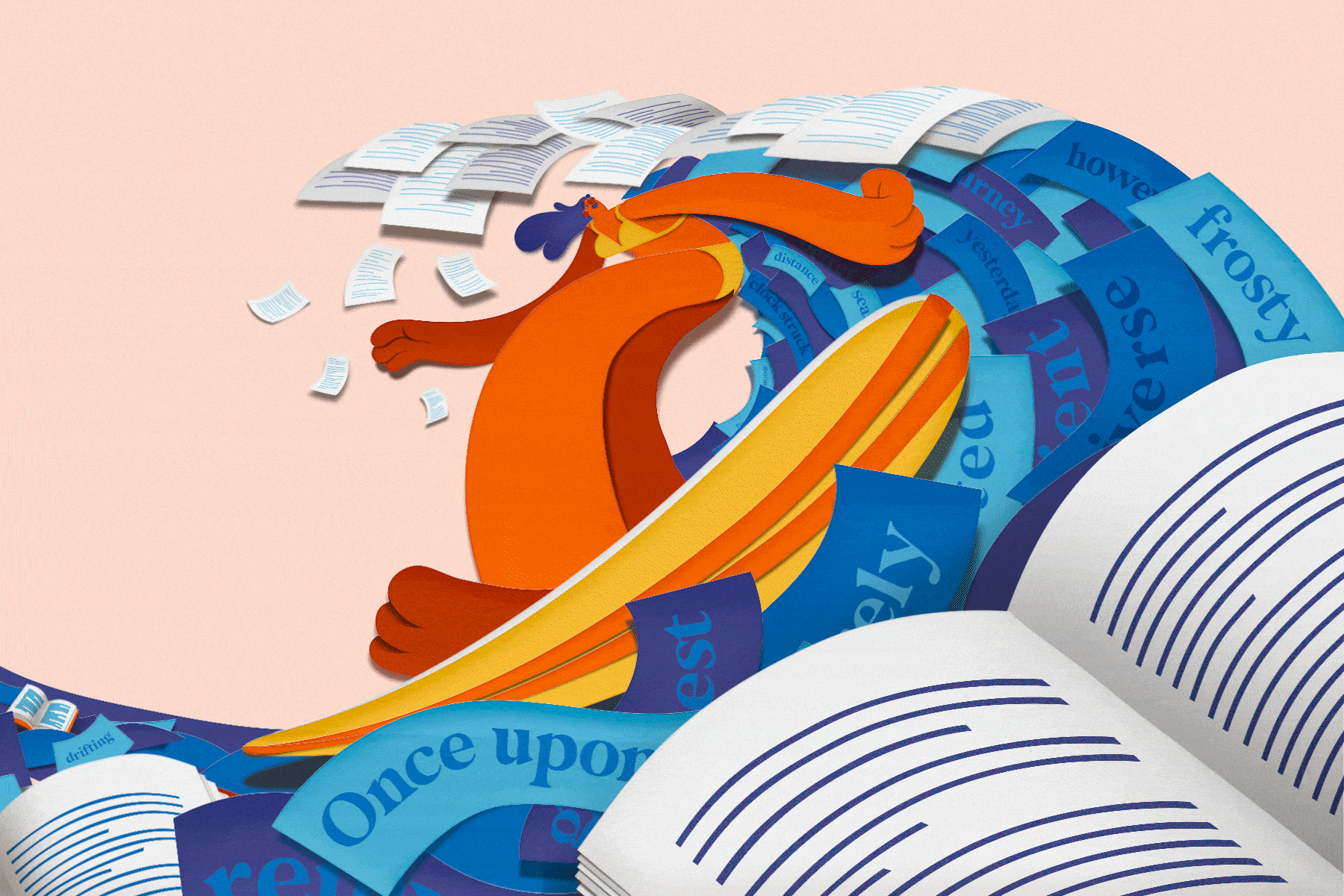 A gif of a surfer whose board is surfing over a sea of book pages and words