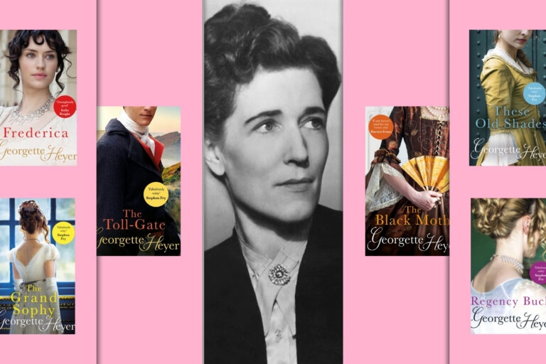 Image of Georgette Heyer surrounded by some of her best books: Frederica, The Grand Sophy, The Toll-Gate, The Black Moth, These Old Shades, and Regency Buck.