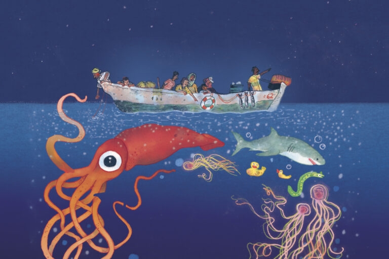 An illustration by Sophie Burrows for her new book Weird Sea. It shows a group of people on a boat looking over the side at all the wonderful creatures they can see in the sea.