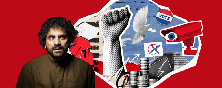 A decorative banner featuring Nish Kumar and a collage of images related to politics.