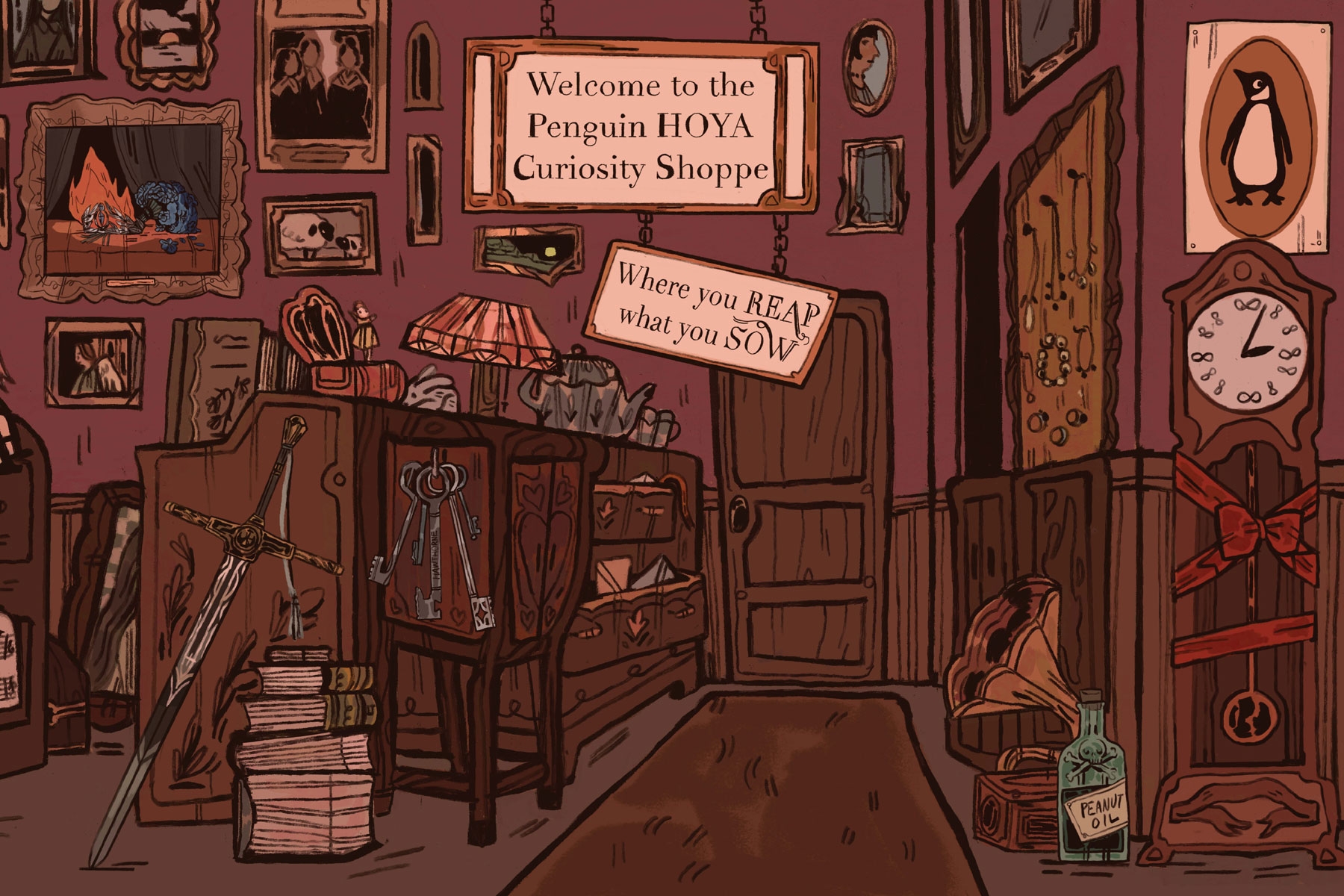 An olden shoppe with wooden decor in a sketched style with a sign that reads "Welcome to the Penguin HOYA Curiosity Shoppe where you REAP what you SOW"