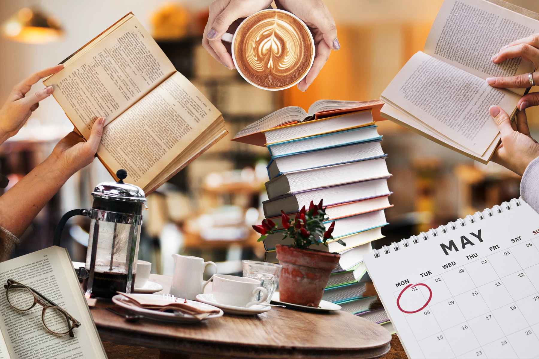 Collage of books, coffee and a calendar to represent someone setting up a book club.