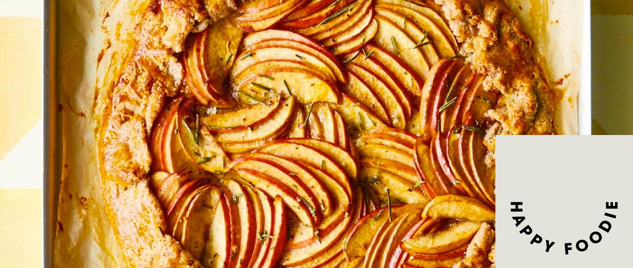 The Happy Foodie logo on top of an image of pie