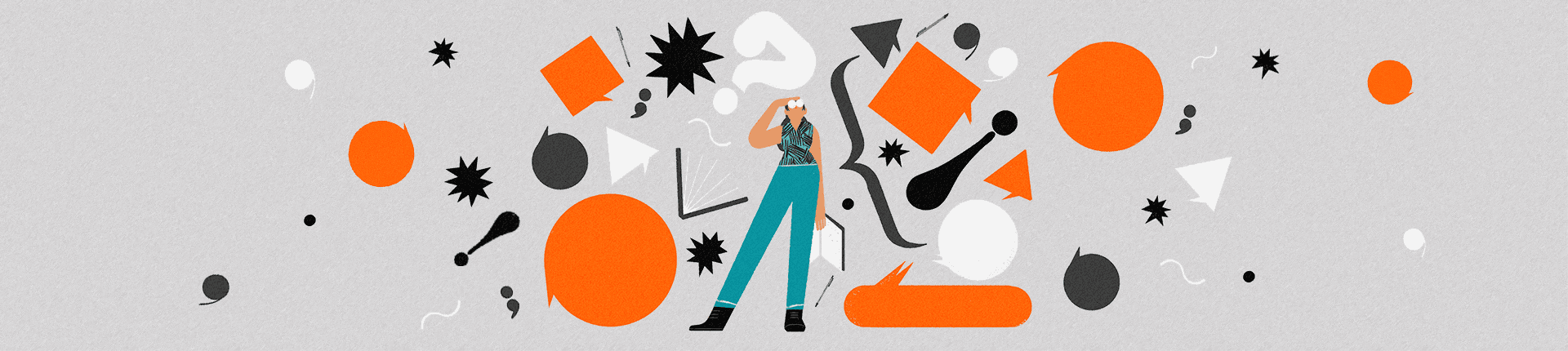 Illustration of a writer in the middle of question marks and speech bubbles