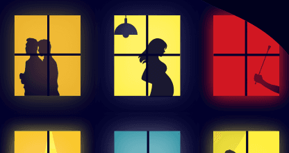 Decorative illustration for The Penguin books that redefined love and relationships, featuring various silhouettes of people in apartment windows.