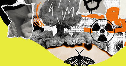 Decorative collage for The Penguin books that shocked society article, featuring images like a nuclear explosion and a graffiti peace sign
