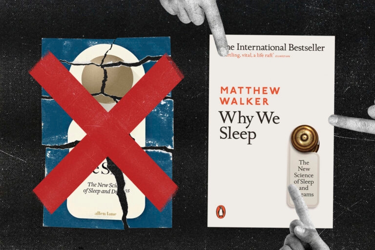 One book cover crossed out, with collaged hands pointing at the used cover