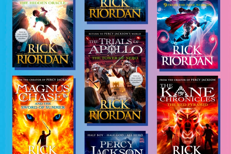 A selection of Rick Riordan's books on a faded pink and blue background
