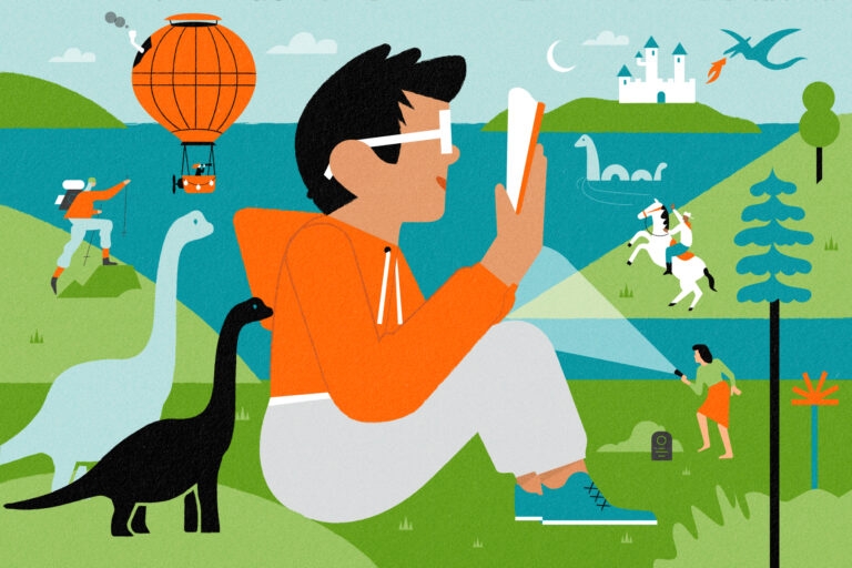 Child reading with adventures surrounding them: dinosaurs, spies, cowboy, hiker, and boat on a lake. Illustration by Mike Ellis