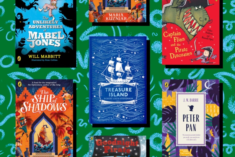 A picture of several piarate-themed books on a green background with light blue squiggles