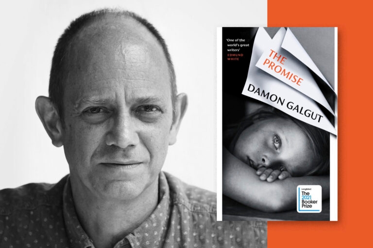 A photo of author Damn Galgut in greyscale, with his book The Promise overlaid next to him on an orange and red ombre background..
