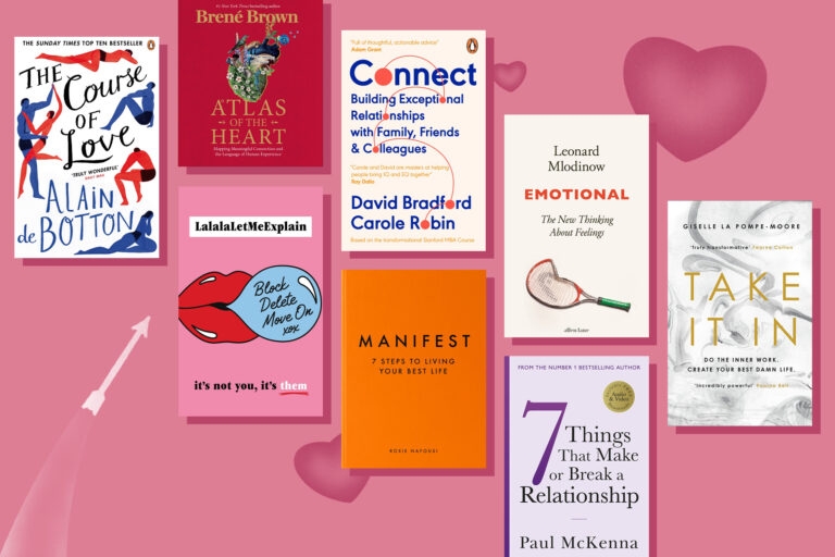 A collection of books about love on a pink background