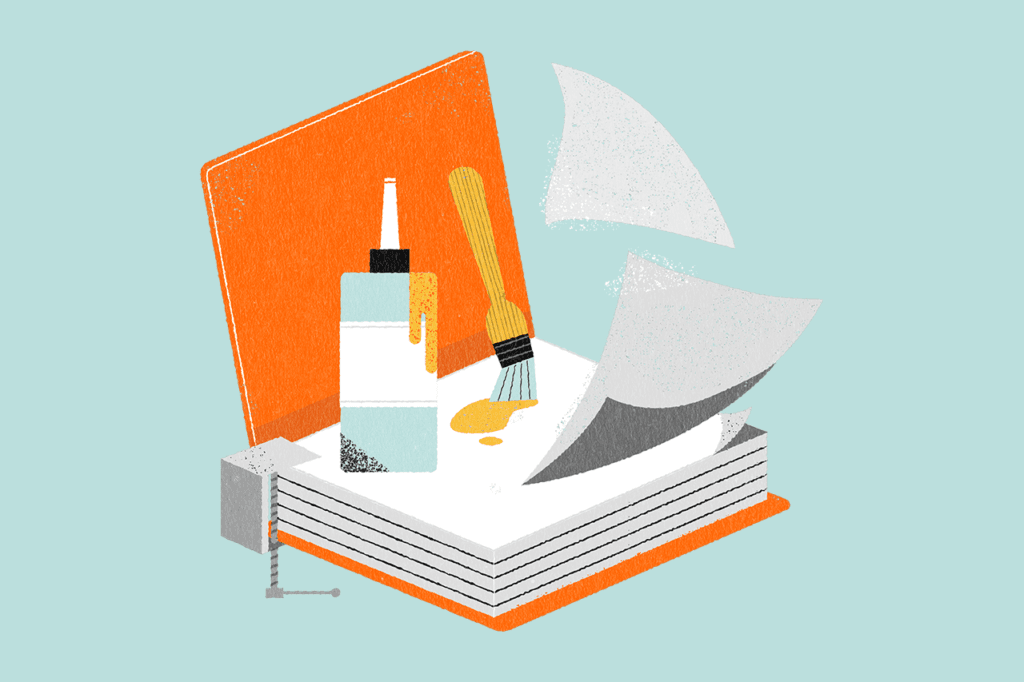 Illustration of a disassembled book with glue, paint brush and loose pages