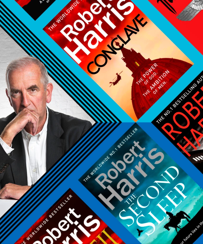 An image of Robert Harris next to a flatlay of his books on a blue background