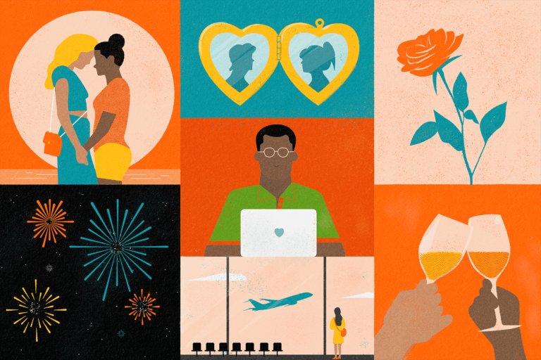 Illustration of elements in a romance novel, with a writer on a laptop in the middle