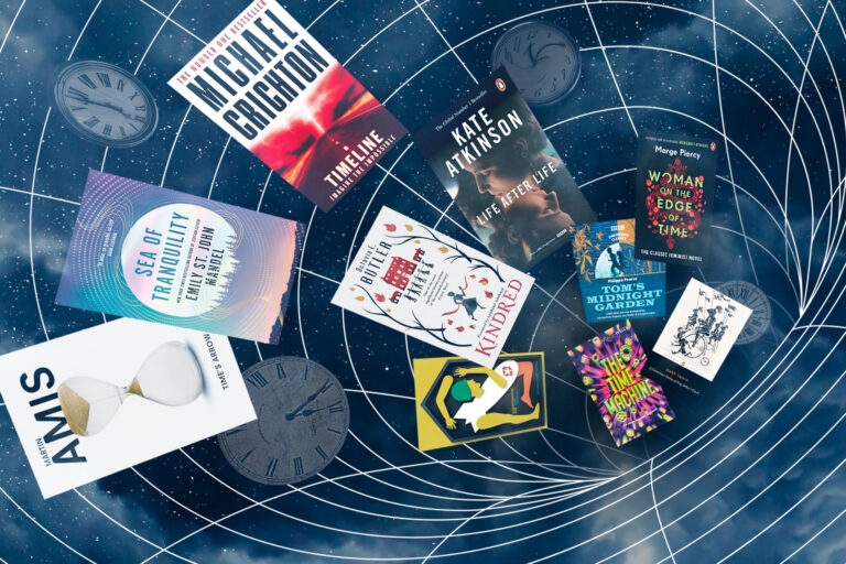 An image of book covers spinning into a vortex with faint white clocks against a blue background