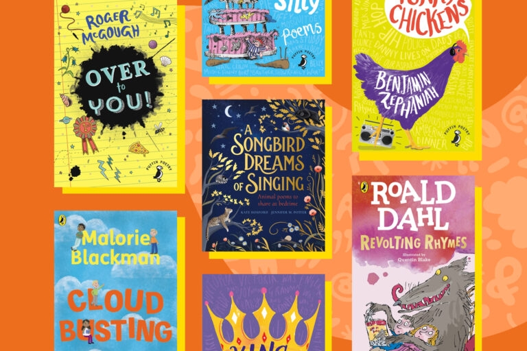 An image showing a selection of poetry books on an orange background with a fluid shape featuring a word pattern.