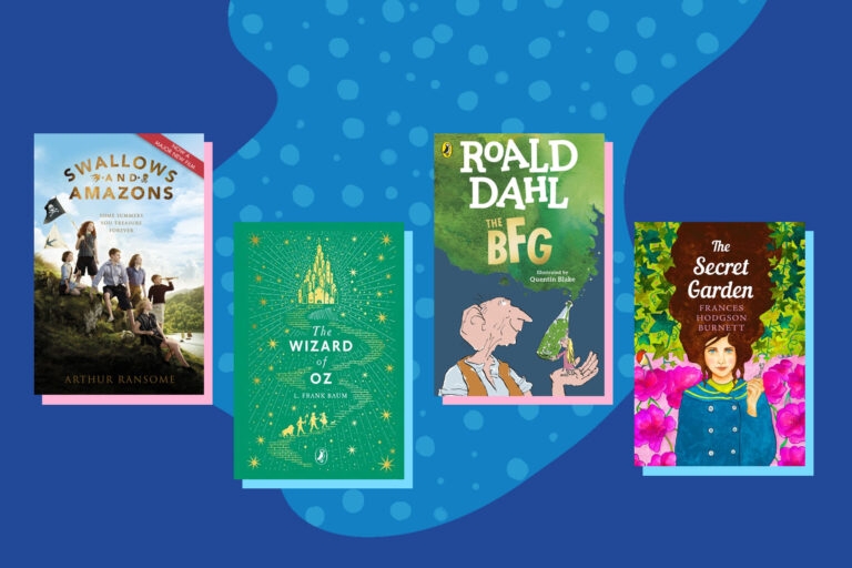 An image of a selection of classic children's books on a dark blue background with a lighter blue shape that has spots inside of it.