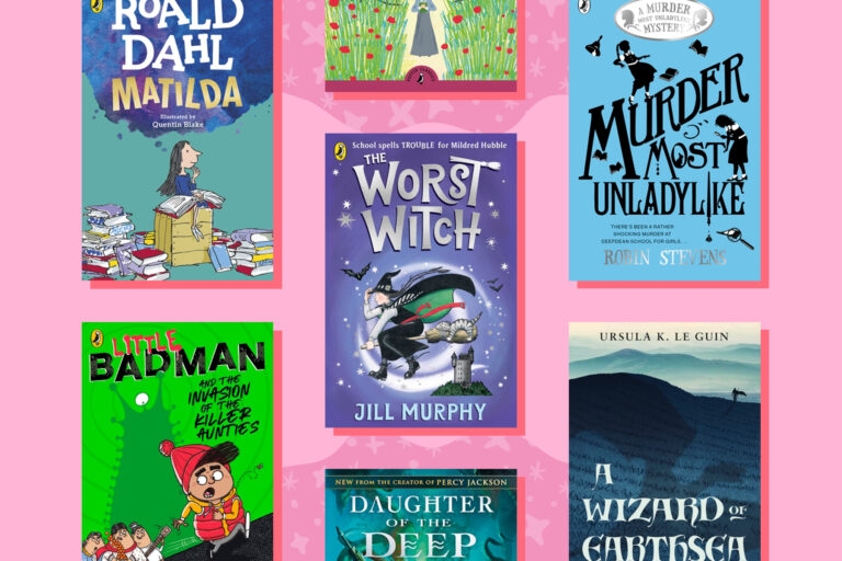 An image of a selection of children's books that feature fictional schools. The book covers are on top of a light pink background with two darker pink shapes with a star pattern inside of them.