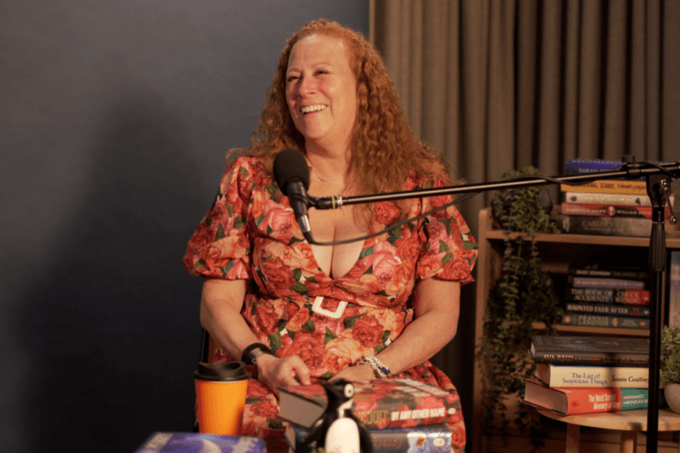 Photo of author Jodie Picoult talking in The Penguin Podcast studio
