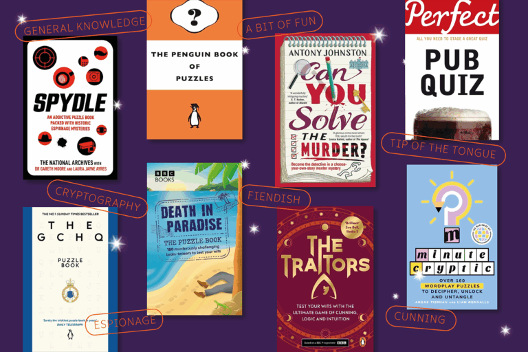 A selection of quiz and puzzle books on a festive background.